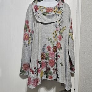 Cactus Pearl Cowl Neck Floral Print Gray Top XXL